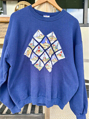 Vintage JERZEES Crewneck Fleece Pullover Blue Lighthouse Graphic Appliqué L